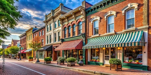 A charming, brick-lined street with Victorian-era storefronts adorned with intricate details, vibrant awnings photo