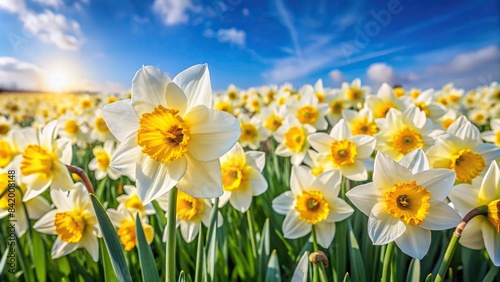 A field of vibrant yellow daffodils, speckled with pristine white blooms, basks in the warm glow of the spring sun, their delicate petals reaching towards the sky, daffodils, meadow, spring