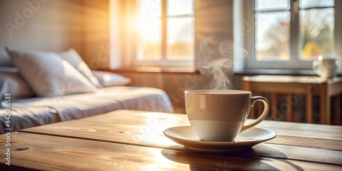 A steaming white porcelain coffee cup sits on a wooden table in a cozy bedroom, sunlight streaming through the window and illuminating the scene, coffee, cup, white, bedroom, table, morning