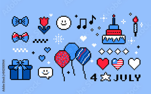 USA Independence Day pixel art. 4th of July. American flag, balloon, cake, pixel icon set. Y2k trendy playful pixelated stickers. 8 bit retro style vector illustration in white, red and blue colors
