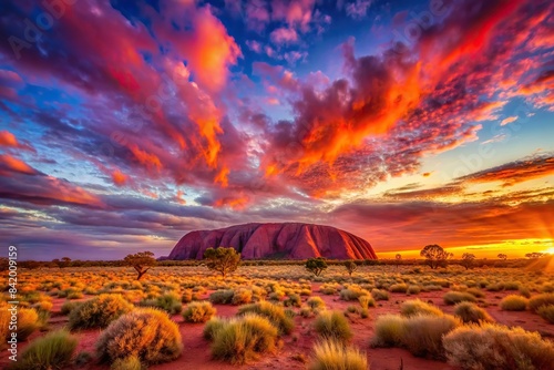A breathtaking sunset paints the sky in vibrant hues of orange, pink, and purple as Ayers Rock stands tall and majestic against the backdrop of the Australian Outback, Ayers Rock, Uluru, sunset photo