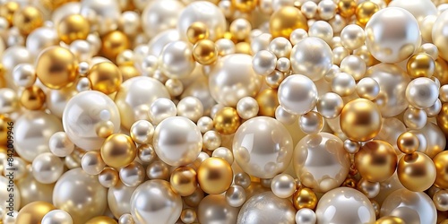 A mesmerizing background of white and golden pearls, beads, and render balls, creating a luxurious and elegant sphere of shimmering beauty, white pearls, golden pearls, beads, render, balls