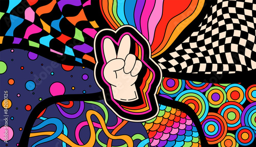 Psychedelic groovy symbol of peace, coloring print.