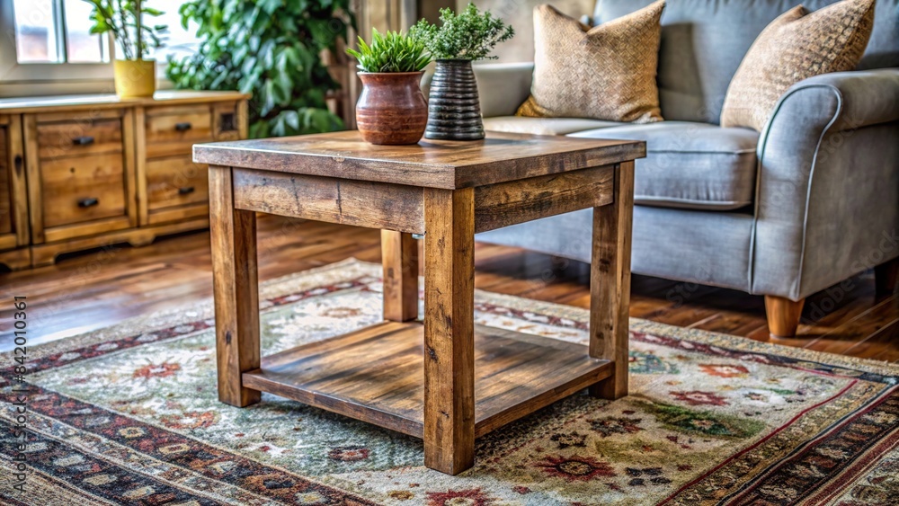 A rustic wooden mesita, or small table, with a worn patina sits on a patterned rug in a cozy living room, rustic mesita, small table, wooden table, living room, rug, cozy, home decor