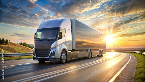 A sleek, futuristic electric semi-truck races down a sun-drenched highway, showcasing the power and efficiency of modern trucking, semi truck, electric truck, highway, trucking