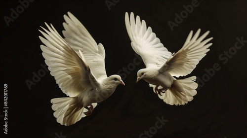 A pair of doves flying in tandem, their synchronized movements giving the impression of a single, continuous motion.