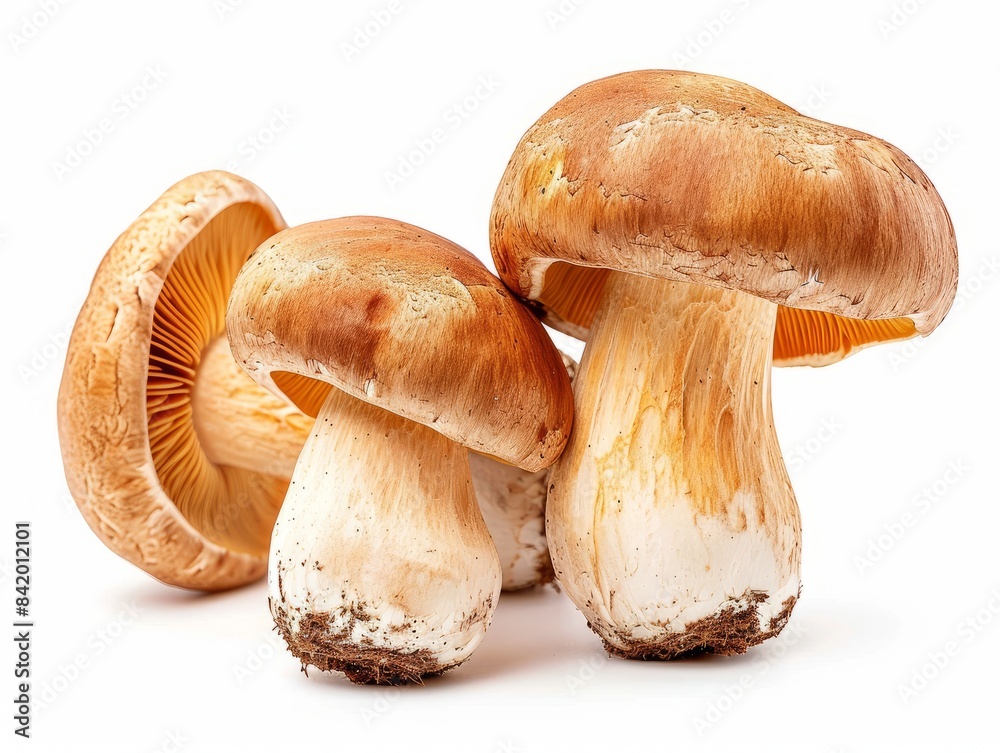 A close-up photo of three fresh mushrooms isolated on a white background.