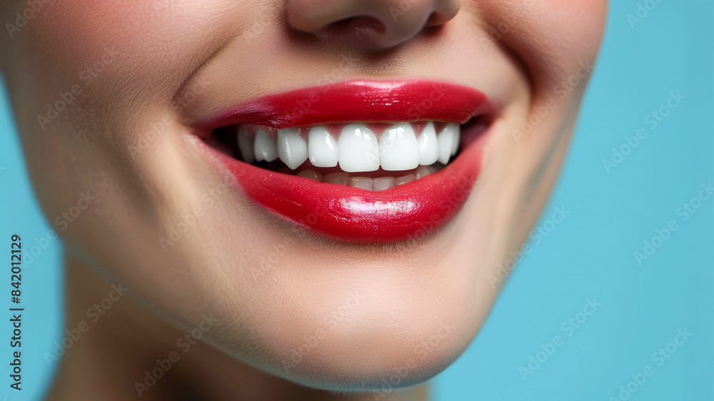 Fototapeta premium Close up white female teeth, healthy woman smile mouth. Dental clinic patient, teeth whitening illustration, healthy gums banner, stomatology ad concept, space for your text.