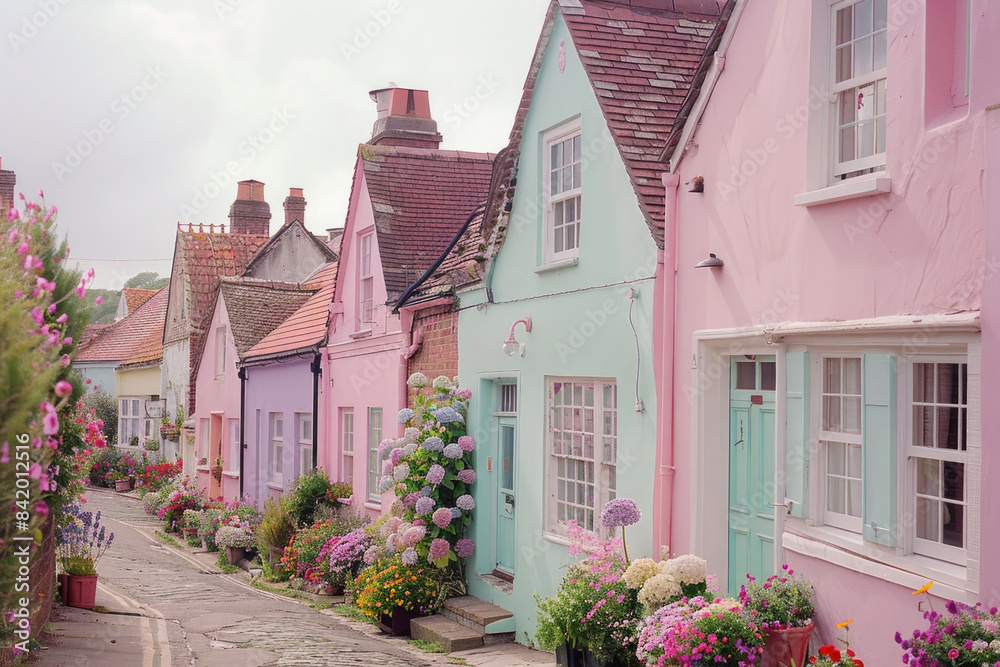 Pastel-colored houses in a neat row