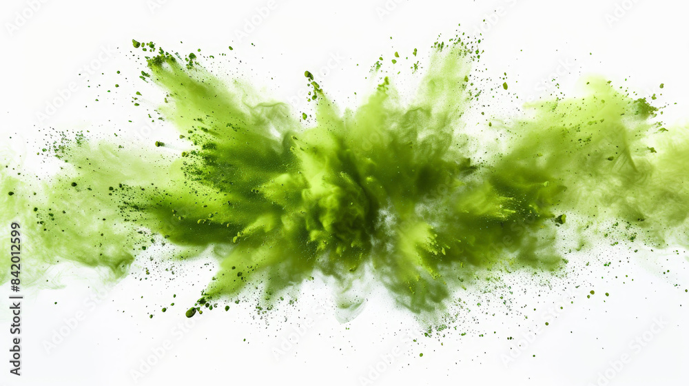 Green powder exploding creating a big cloud on white background, with copy space Green powder exploding creating a big cloud on white background, with copy space