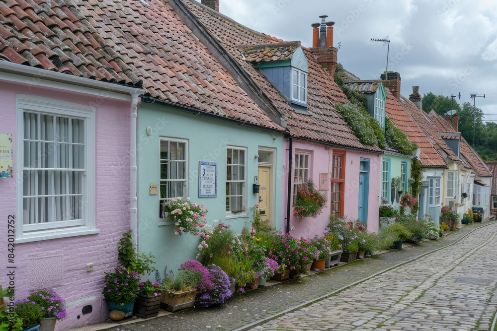 Pastel-colored houses in a neat row