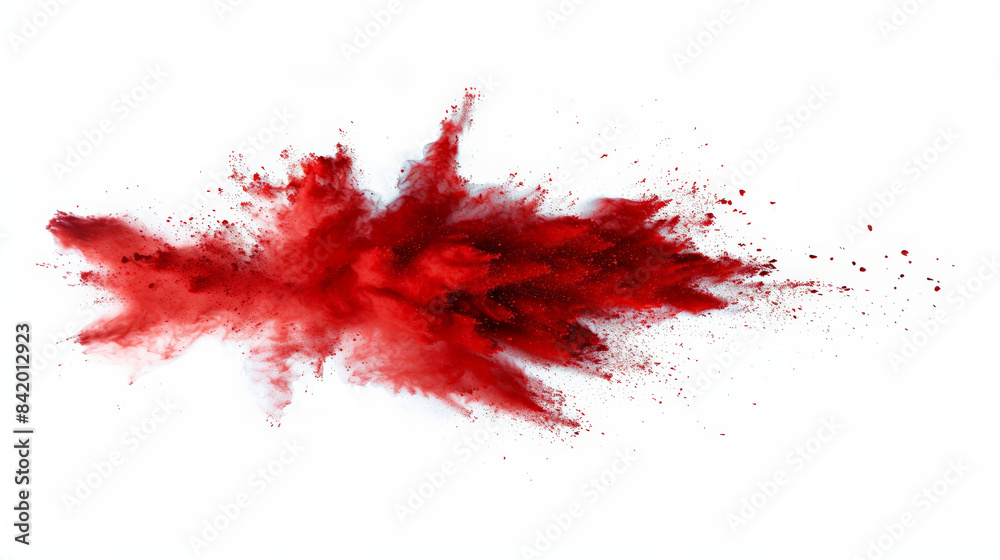 Vibrant red powder explodes on white background, creating dynamic abstract shape. Perfect for adding creativity to projects, celebrating festivals, or adding vivid color Vibrant red powder explodes on white background, creating dynamic abstract shape. Perfect for adding creativity to projects, celebrating festivals, or adding vivid color