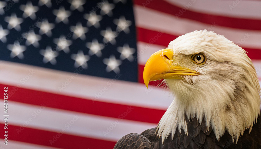 Naklejka premium Patriotic banner with bald eagle, blurred background of american flag