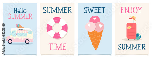 Summer poster, greeting card collection. Cute minimal abstract vector templates. Ice cream truck, float, luggage, rubber ball. For invitations, prints, social media, covers, story.