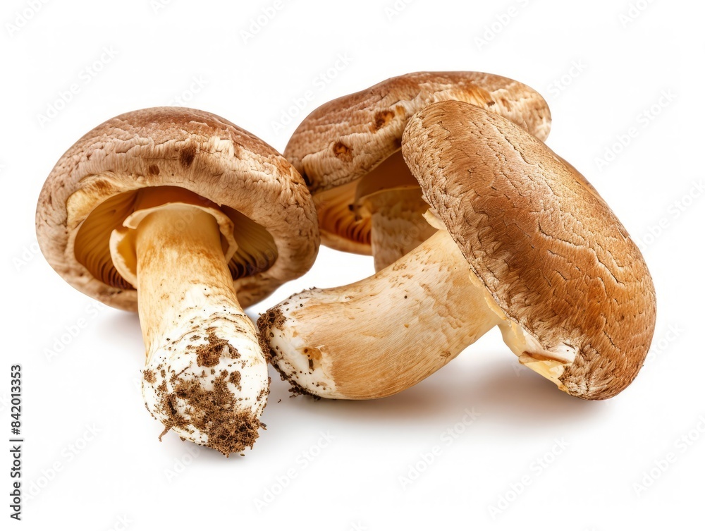 A close-up photo of three fresh mushrooms isolated on a white background. A close-up photo of three fresh mushrooms isolated on a white background.