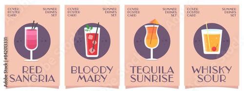 Set of cocktail drink posters, cards. Retro vintage vector templates with text. Beach bar, caffe menu.