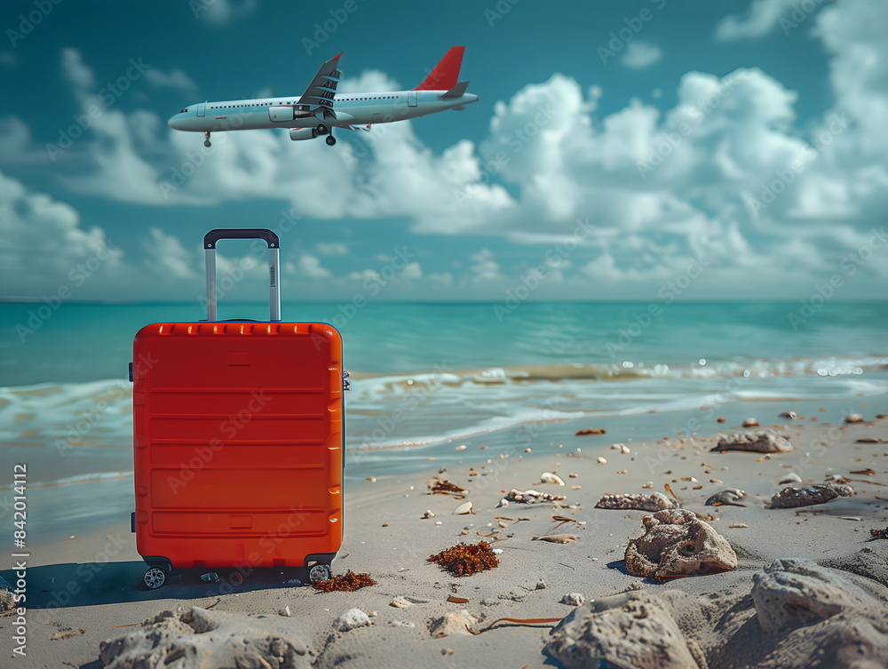 bag standing on the beach in the background ocean sandy beach. Rest concept bag standing on the beach in the background ocean sandy beach. Rest concept