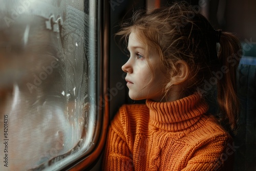 A girl rides a train and looks out the window. Sadness. Autumn. Winter. Transport