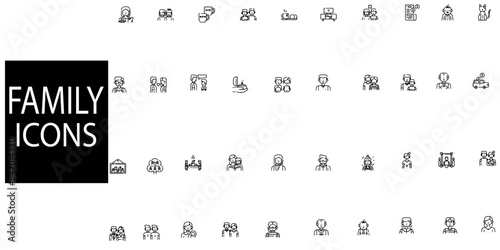 Family icon set. Containing parents, mother, father, children, baby, grandparents and household icons. Solid icon collection. Vector illustration.
