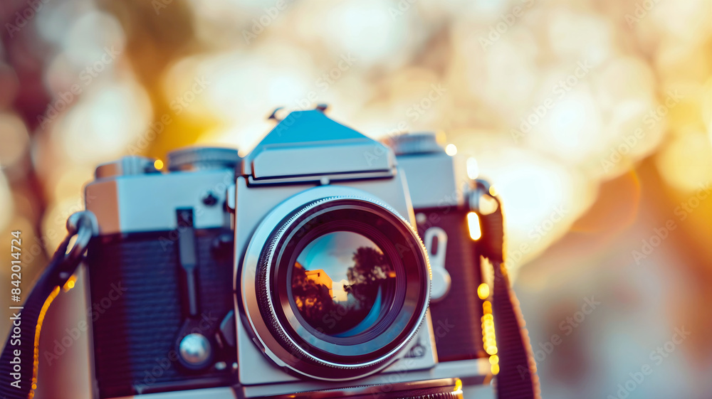 Closeup shot of vintage dslr camera, retro technology background, travel gear, copy space area,