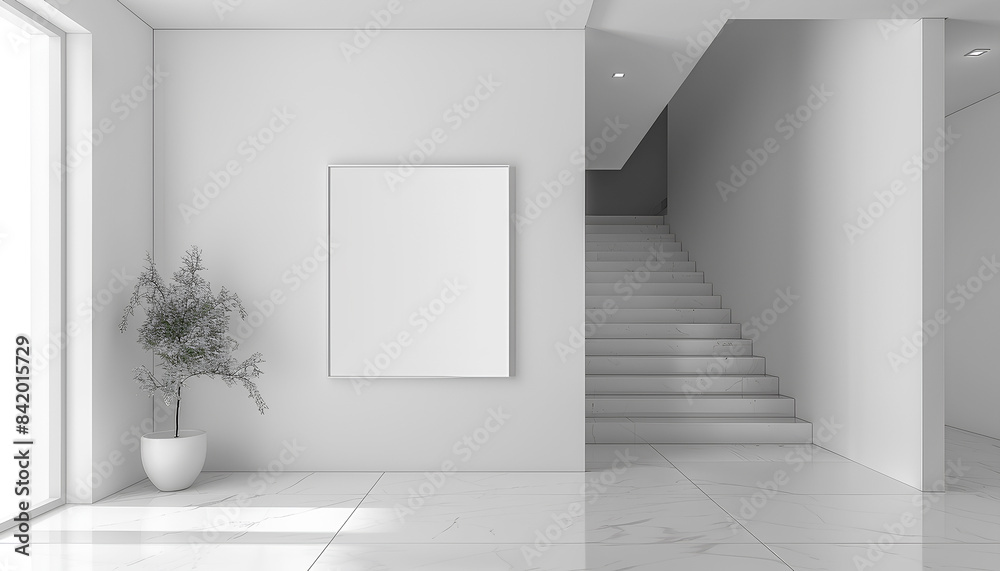 White walls, modern hall, there is a picture frame on the wall,