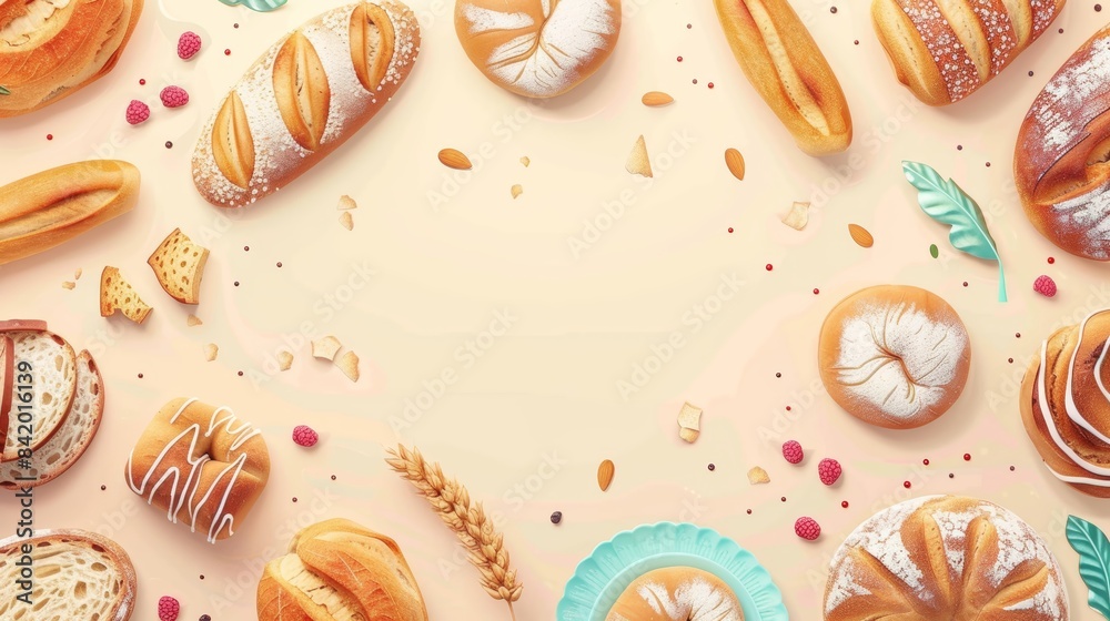 Assorted bread and pastry varieties with seeds and grains on a light background. Perfect for bakery or culinary themes. Copy space in the center. Assorted bread and pastry varieties with seeds and grains on a light background. Perfect for bakery or culinary themes. Copy space in the center.