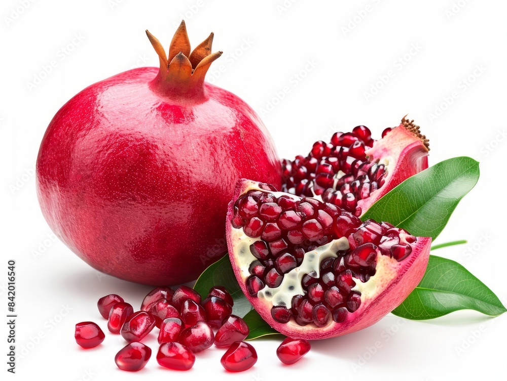 A close-up photo of a pomegranate cut in half, revealing its juicy seeds on a white background. A close-up photo of a pomegranate cut in half, revealing its juicy seeds on a white background.
