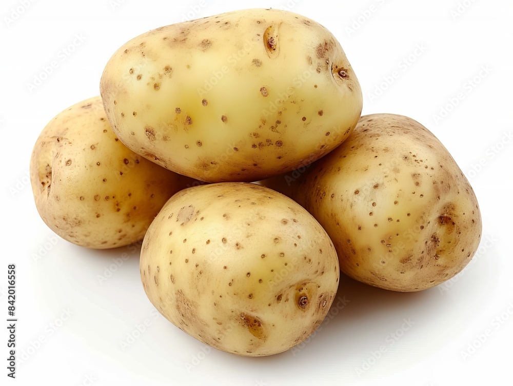 Russet potatoes stacked on top of each other with a white background. Russet potatoes stacked on top of each other with a white background.