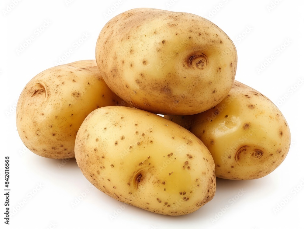 Russet potatoes stacked on top of each other with a white background. Russet potatoes stacked on top of each other with a white background.