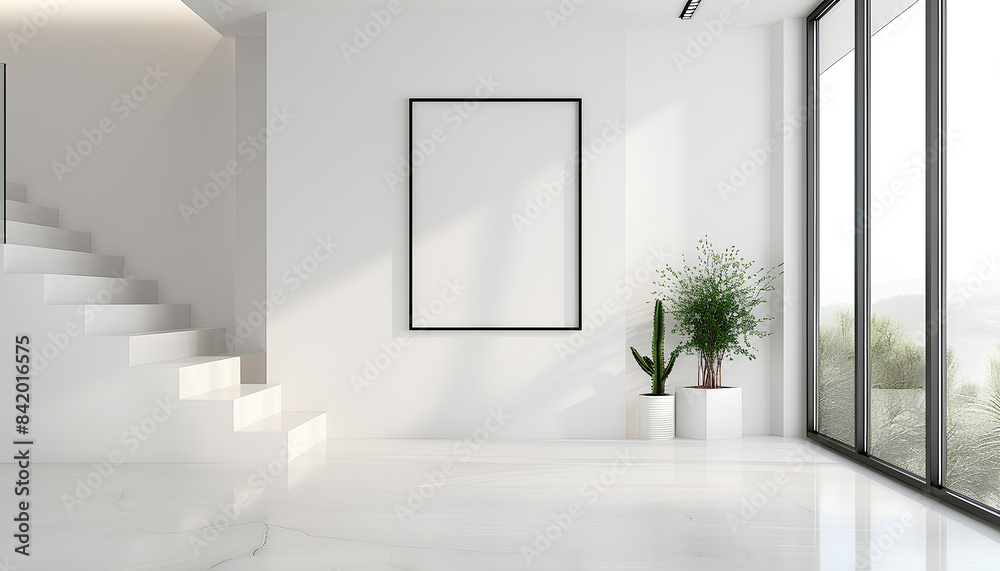 White walls, modern hall, there is a picture frame on the wall, White walls, modern hall, there is a picture frame on the wall,