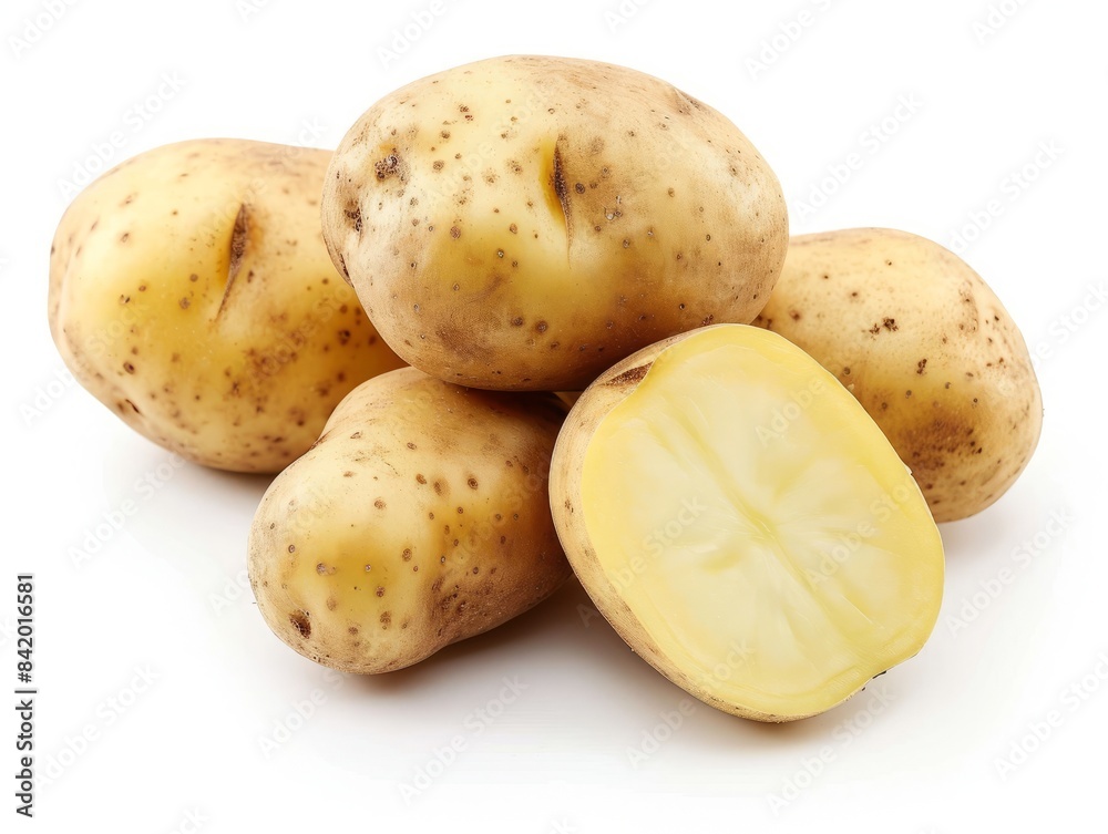 Russet potatoes stacked on top of each other with a white background. Russet potatoes stacked on top of each other with a white background.