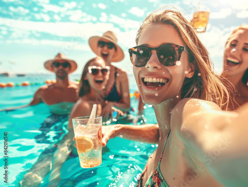 Group of friends in a party celebrating the summer holiday, smiling, dancing, toasting and enjoying on resort beach pool sunny disco, trendy fashionable.