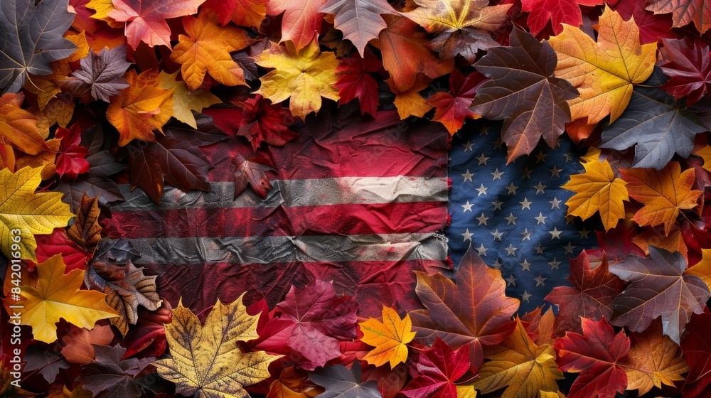 Autumn leaves overlay American flag creating a colorful seasonal display, symbolizing patriotism and fall aesthetics. Autumn leaves overlay American flag creating a colorful seasonal display, symbolizing patriotism and fall aesthetics.