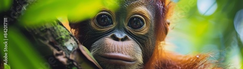Close-up of a young orangutan surrounded by lush green foliage, capturing the innocence and curiosity of wild animals in their natural habitat. photo