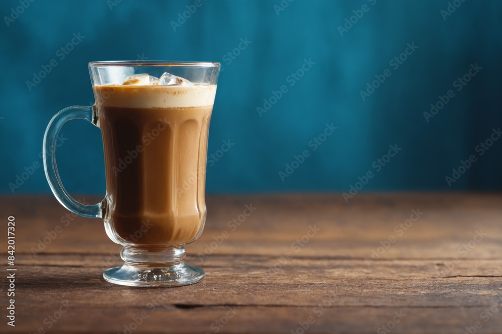 A cold fresh coffee with whipped cream in a tall glass on an empty vintage wooden table background with blue textured wall. Drinks background for bar or cafe banners or posters with copy space. A cold fresh coffee with whipped cream in a tall glass on an empty vintage wooden table background with blue textured wall. Drinks background for bar or cafe banners or posters with copy space.