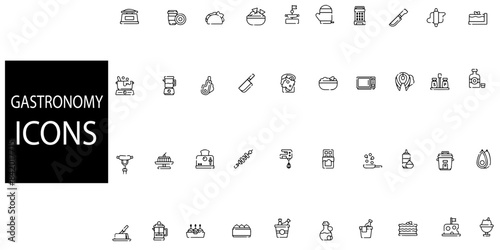 set of 40 outline web gastronomy icons such as salad, french fries, tart, soup, oven mitts, pancakes, lamb, takoyaki vector thin line icons for web design, mobile app.
