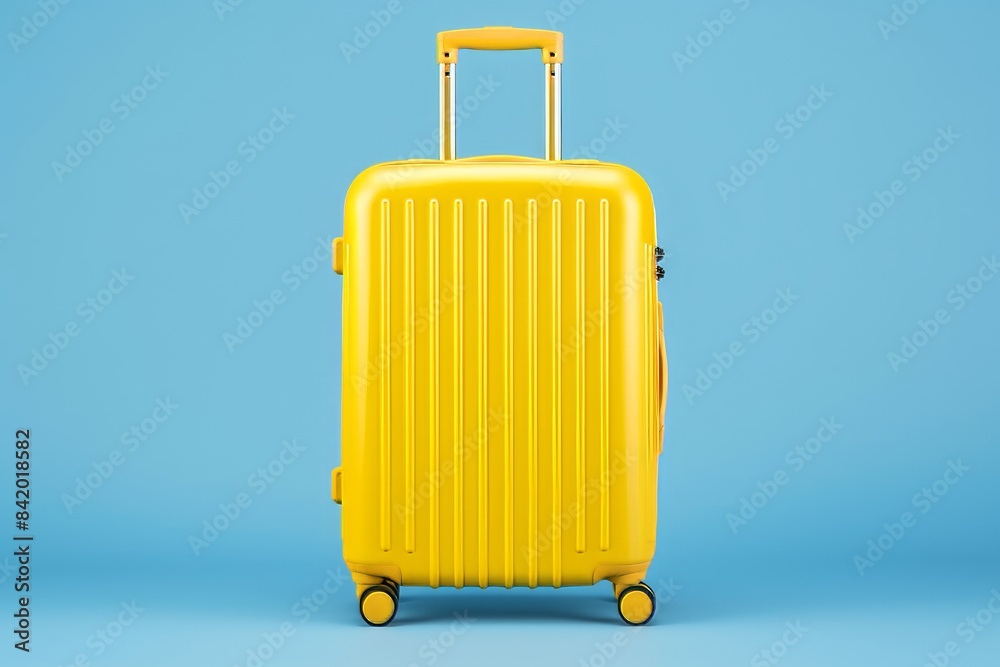 A vibrant yellow suitcase with a black handle and wheels against a blue background. A vibrant yellow suitcase with a black handle and wheels against a blue background.