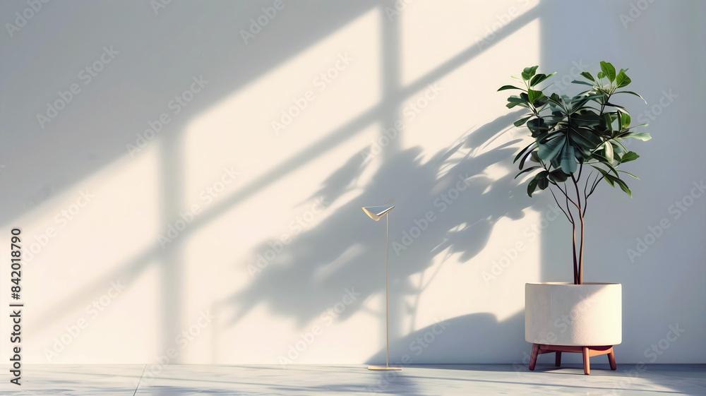 House plant on blank wall background, aesthetic banner with copy space text, wall mock up, template
