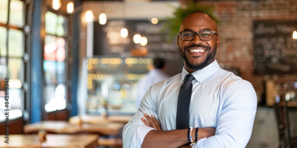 Obraz premium Focus on a business owner feeling confident with comprehensive insurance coverage.