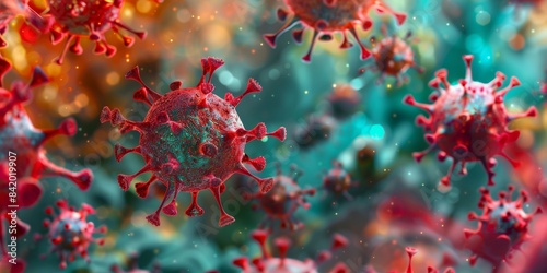 Realistic photo of virus cells, capturing their lifelike appearance in vivid detail. photo