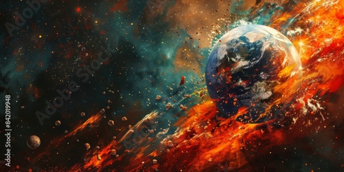 Surreal digital painting portraying the chaotic aftermath of the collision  with Earth engulfed in cosmic flames amidst the stars.