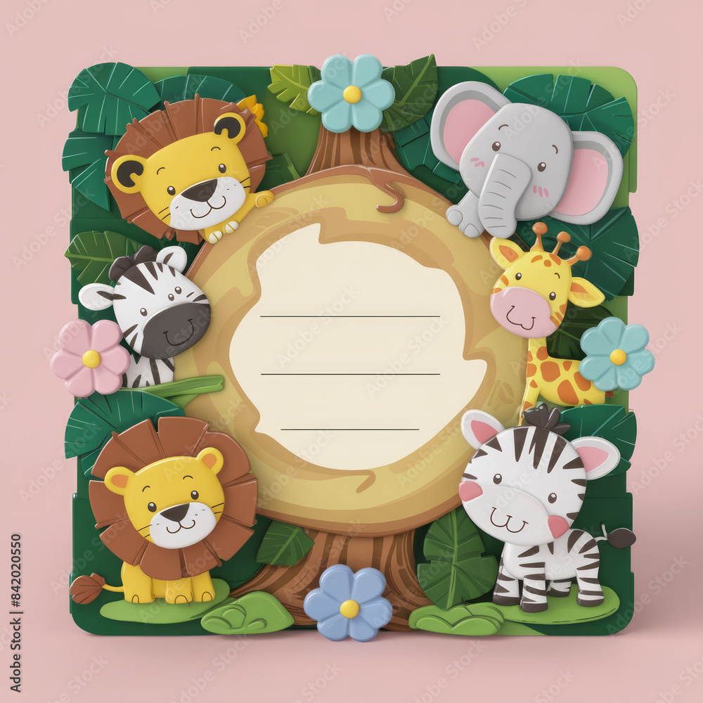 Fototapeta premium A charming 3D card design featuring an adorable jungle scene with various cute animals such as a lion, elephant, zebra, and giraffe. 
