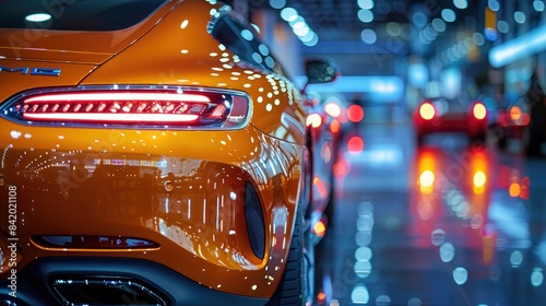 Close-up view of a sleek orange luxury car's rear end in a showroom