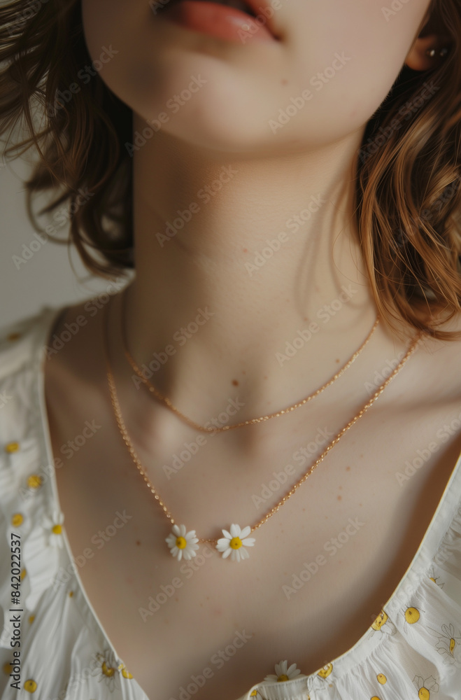 Girl with Daisy chain on the collarbone.Minimal creative fashion jewelry and nature concept.