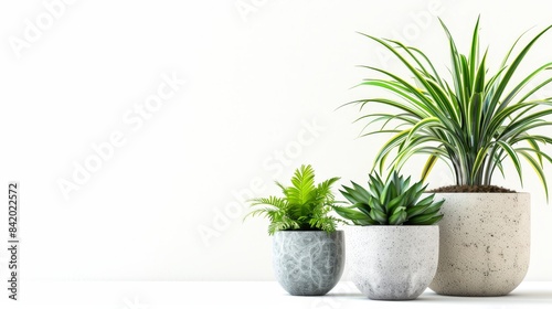 three different types of indoor plants in concrete pots