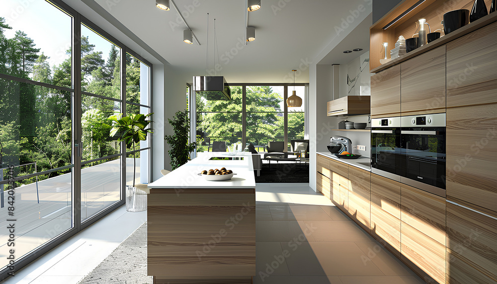 Fototapeta premium Interior of modern kitchen with island, built-in oven and white