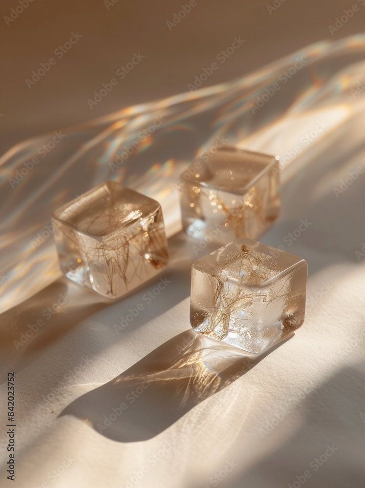 clear ice cubes with gold wire inside, on beige surface, macro photography.Minimal creative drink and electrical currents and circuits concept clear ice cubes with gold wire inside, on beige surface, macro photography.Minimal creative drink and electrical currents and circuits concept
