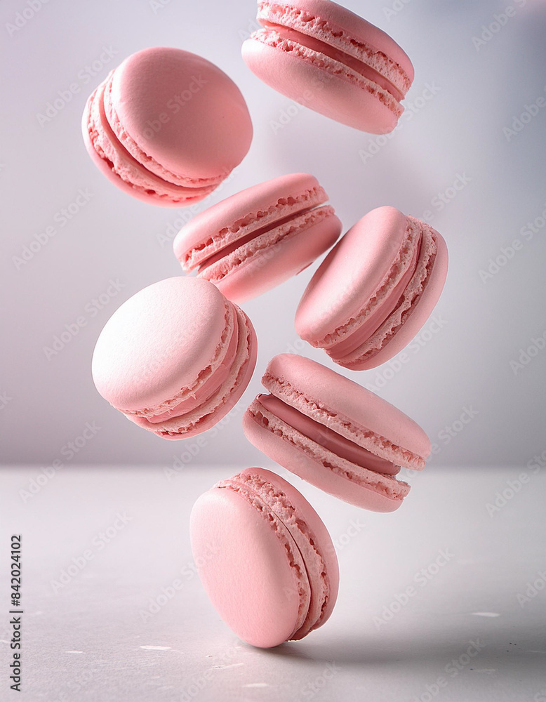 Fototapeta premium Close up of several macaroons flying in the air on dark black background, vertical