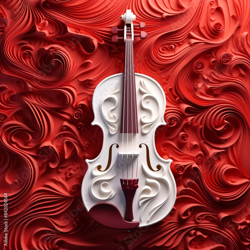 beautiful white violin on dark red futuristic background  abstract music design with flowing lines