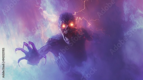 A menacing figure with glowing eyes emerges from a misty, electrically charged atmosphere